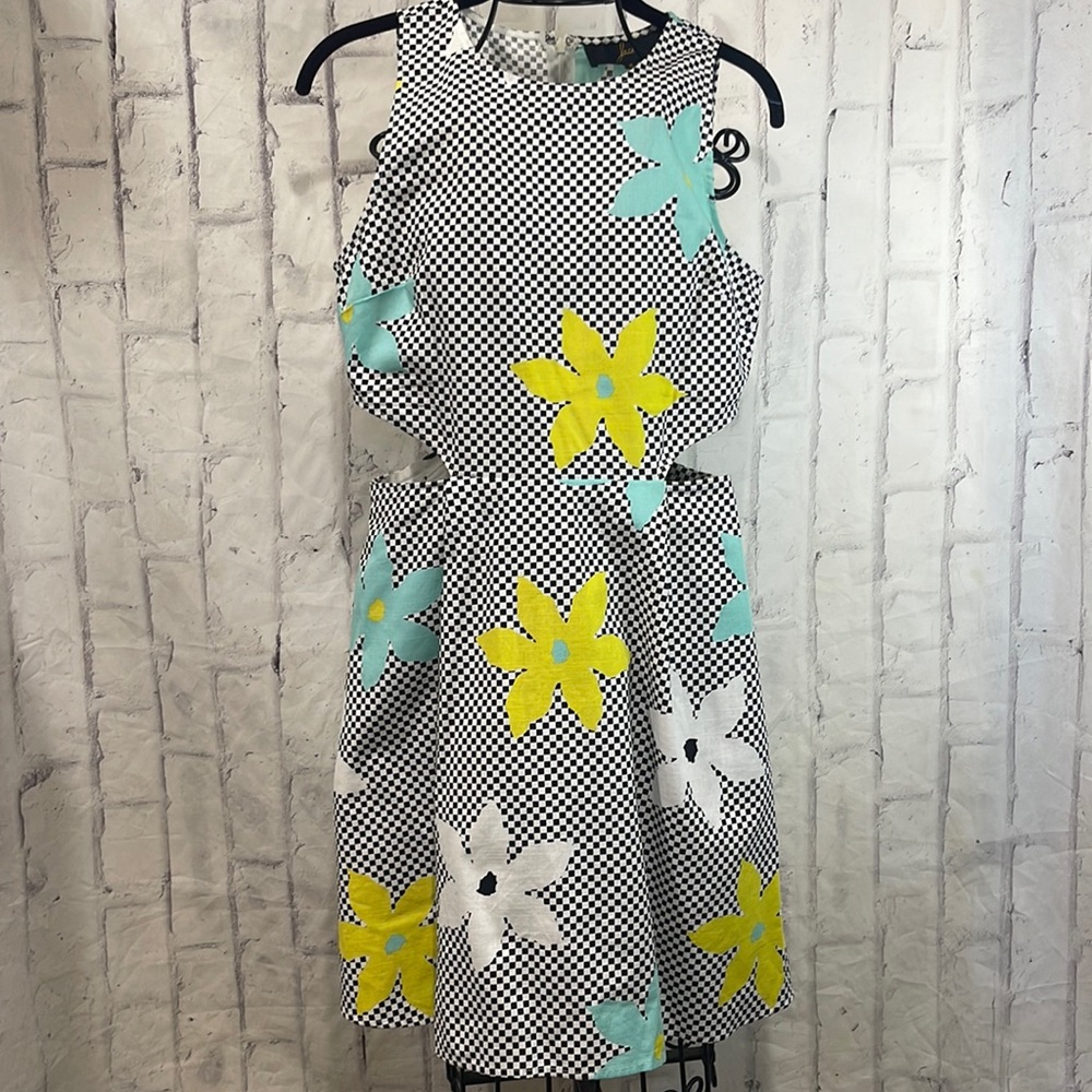 Jack by BB Dakota Dress Vince Check and Floral Print Midi Skater Cutout Waist